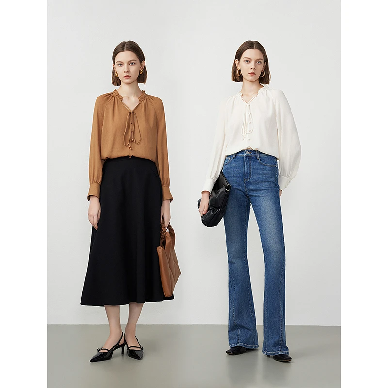 朗姿法式木耳边v领高级感通勤衬衣24年春季衬衫气质针织欧若风