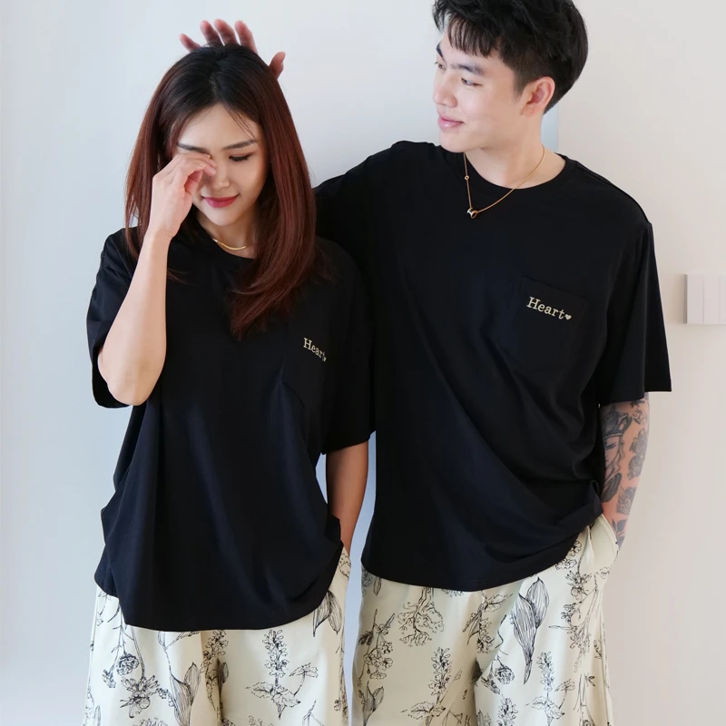 La seule【莫代尔棉】夏季短袖情侣圆领套头大码睡衣套装男士女士