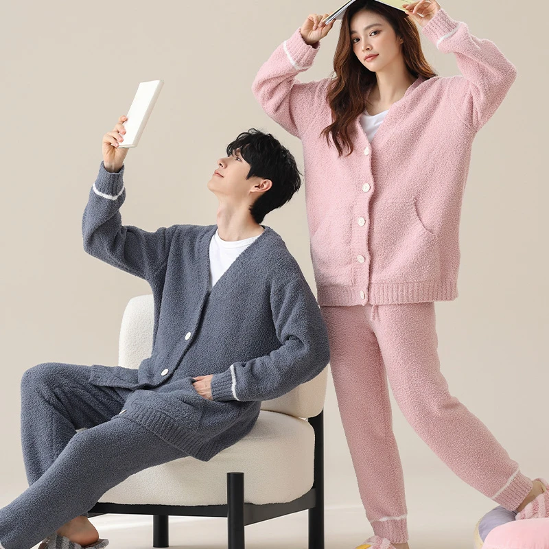 La seule【半边绒】加厚秋冬季保暖家居服套装男女可外穿情侣睡衣