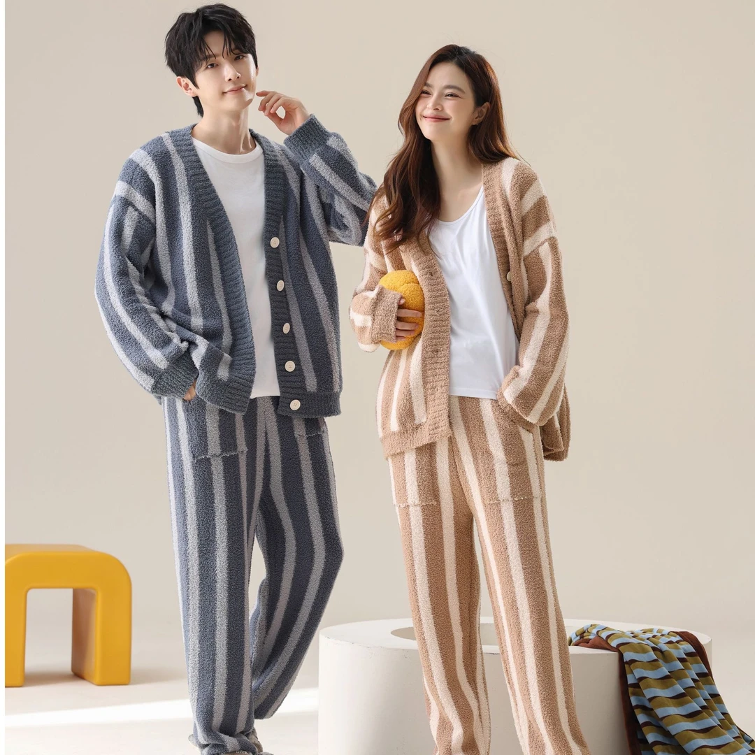 La seule【半边绒】新款秋冬加厚情侣家居服套装男女可外穿睡衣