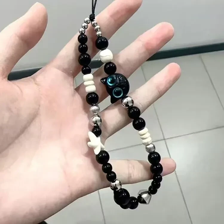 网红同款黑猫手机链挂饰手机暗夜链条ccd短款相机挂绳小众串珠