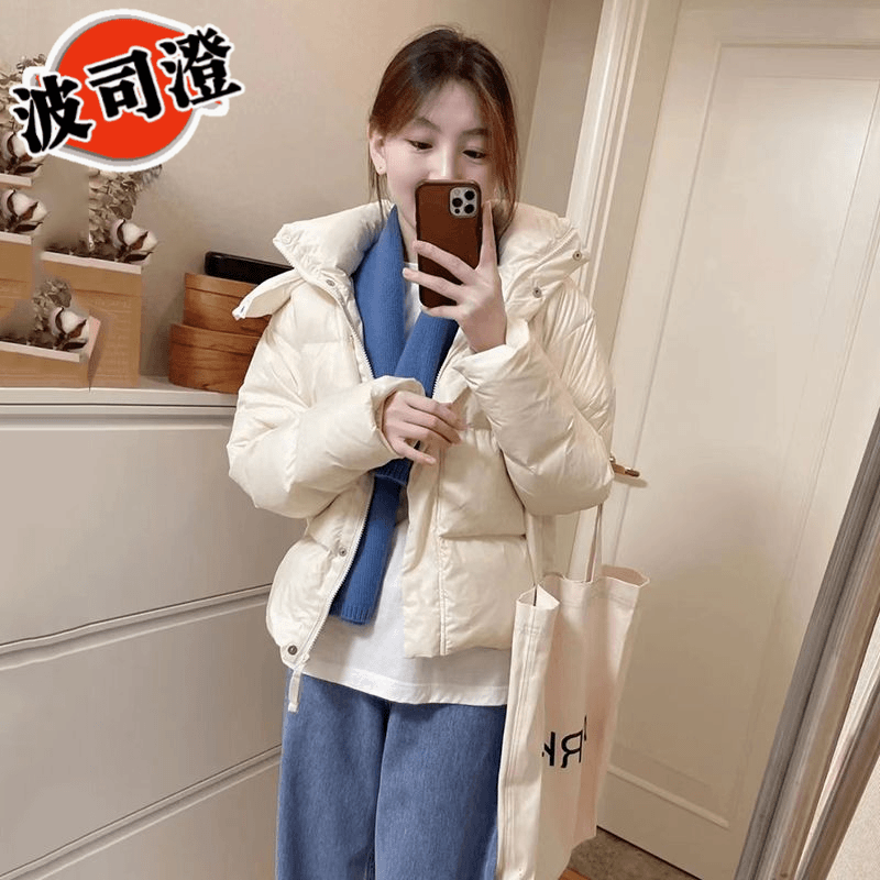 2023新款爆款羽绒服米白色短款白鸭绒女冬矮小个子可拆连帽面包