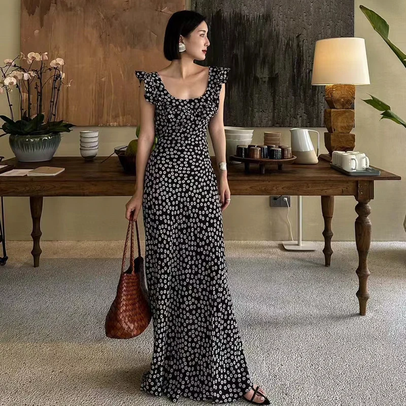 重磅真丝印花齐地长裙24夏季新款女装法式复古荷叶边桑蚕丝连衣裙