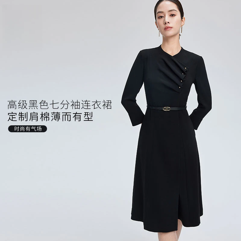 【明星同款】赢智尚名媛气质复古小黑裙春季收腰职业连衣裙ZF02787