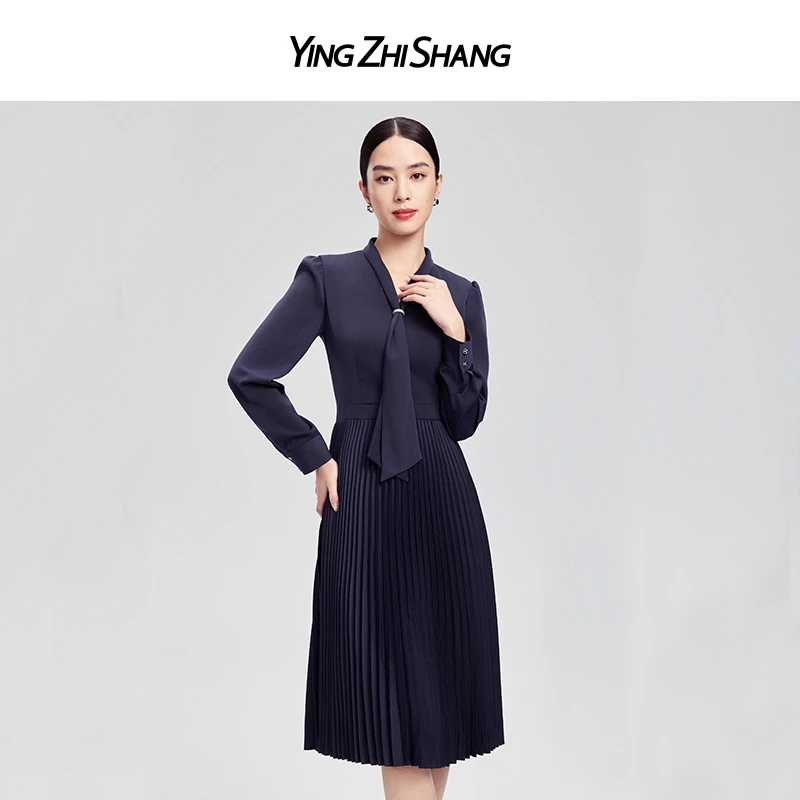 赢智尚2024秋季新款长袖收腰飘带领中长款时尚职业连衣裙ZF02964