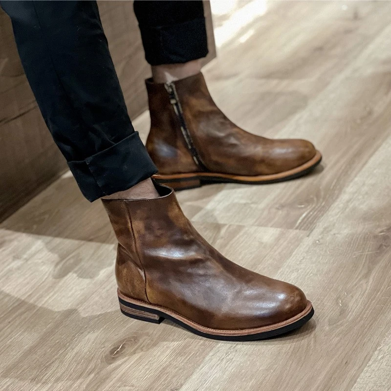 复古切尔西靴男士高帮英伦风百搭真皮鞋做旧短筒侧拉链马丁靴男款