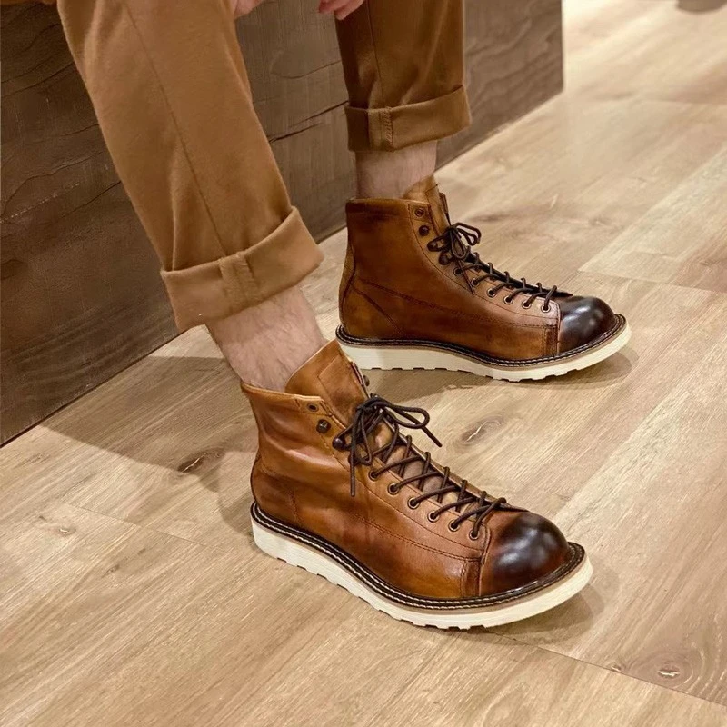 阿美咔叽复古马丁靴男款做旧高帮英伦风真皮鞋棕色短脸工装大黄靴