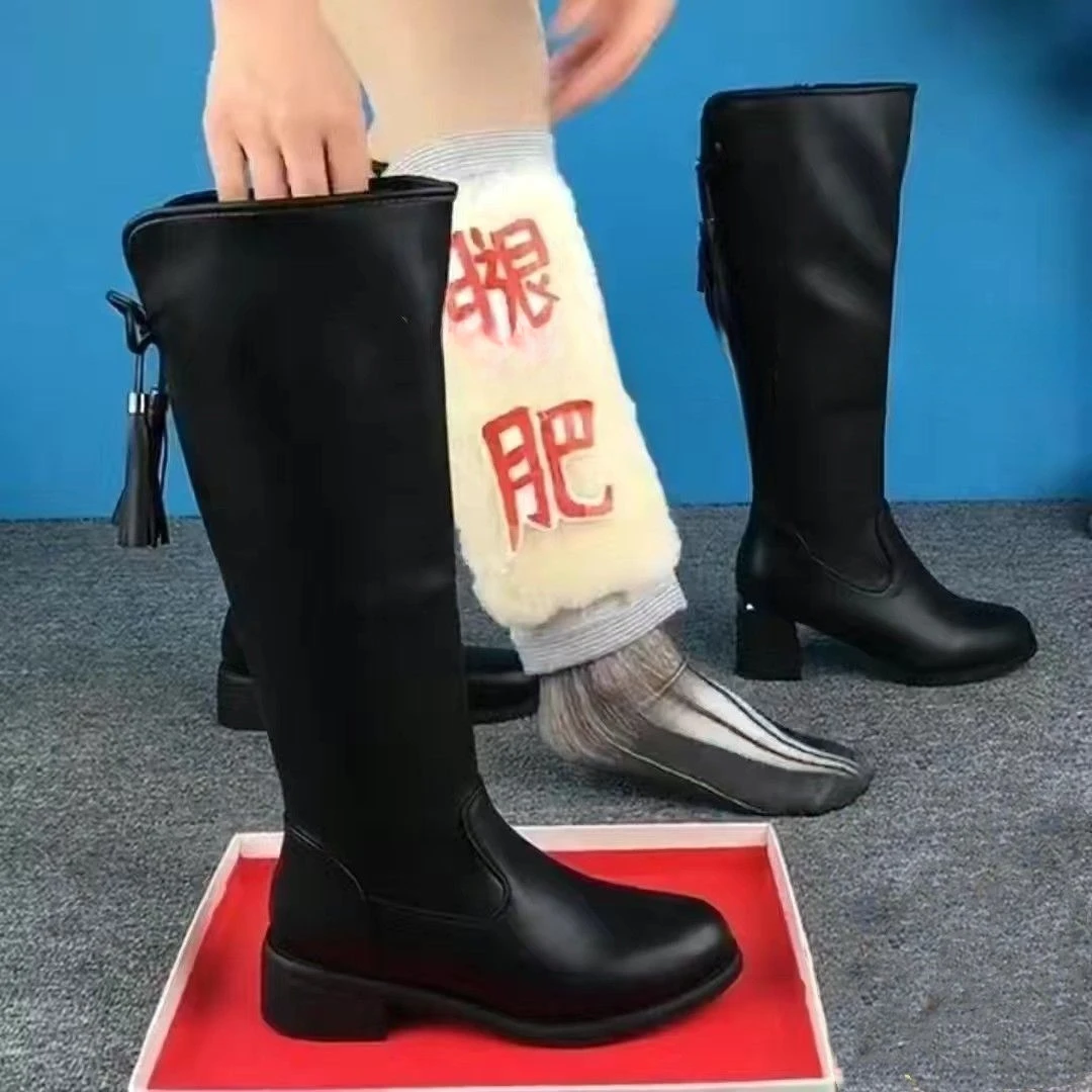 2025潮秋冬款加肥加大码新款冬季真软皮高筒骑士女靴高筒弹力平底
