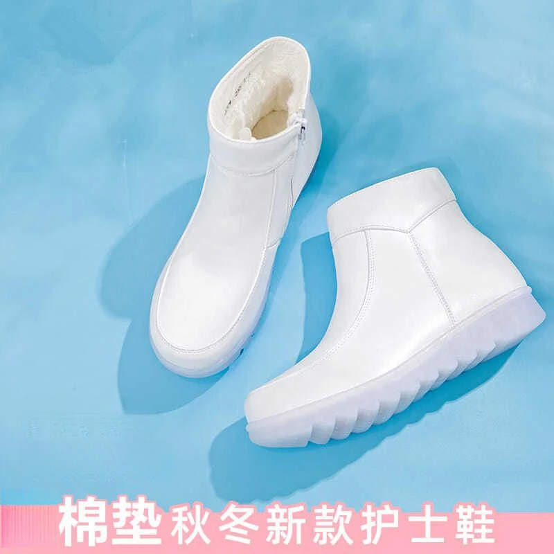 2025白色护士鞋女冬季新款鞋平底加绒防滑软底坡跟保暖冬天雪地靴