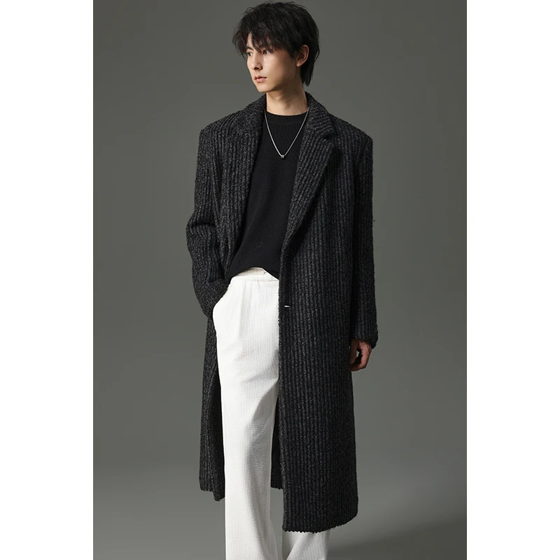 【竖纹经骨感羊毛大衣】加厚保暖休闲韩版男士冬季过膝毛呢外套LDS6