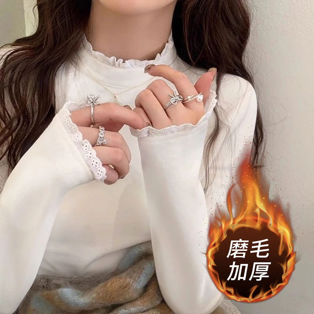 磨毛加厚打底衫秋冬新半高领蕾丝内搭木耳边洋气长袖T恤ZLM03121