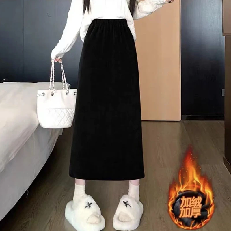 加绒加厚半身裙韩版显瘦高腰女冬季新款时尚直筒休闲中长裙女124F