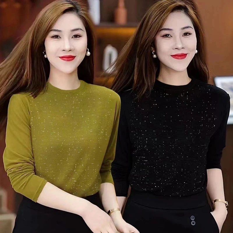 烫钻上衣女秋季新圆领时尚洋气减龄妈妈装气质长袖百搭打底衫WX