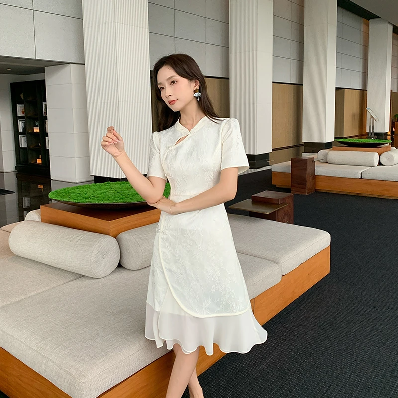 奢姿【枕梦天使】2024夏季减龄提花改良旗袍裙子胖mm荷叶拼接连衣裙