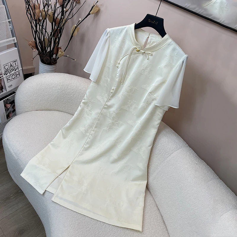 奢姿大码女装2024夏季气质小立领连衣裙胖妹妹提花旗袍时尚裙子