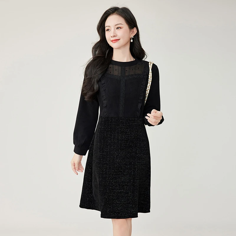 现货奢姿2025年秋季新款大码女装时尚裙子胖妹妹木耳边拼接连衣裙