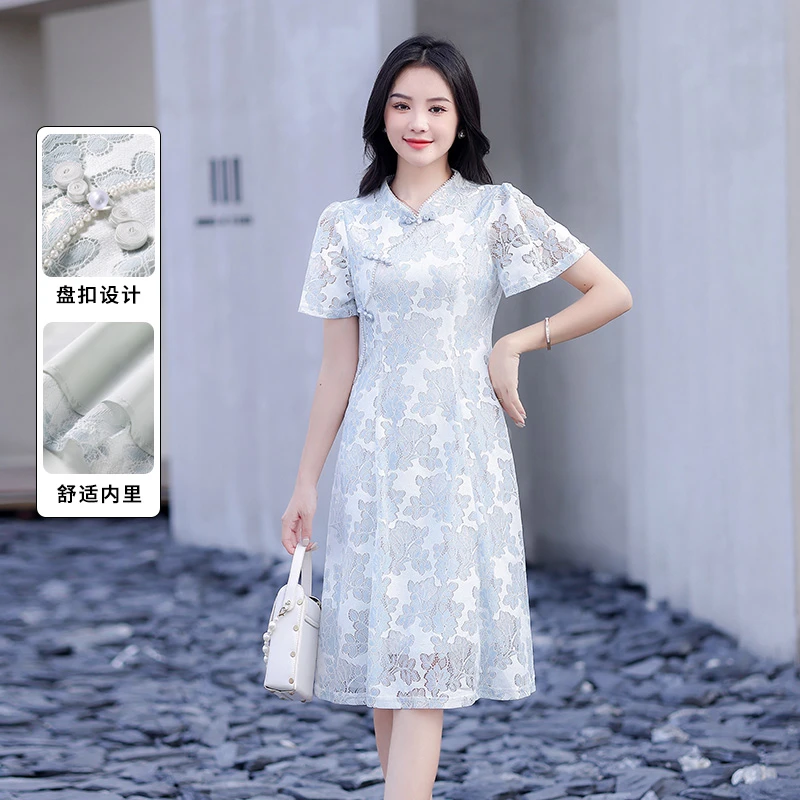 奢姿【旗开得胜】2025夏季新款胖mm气质显瘦柔软蕾丝复古旗袍连衣裙