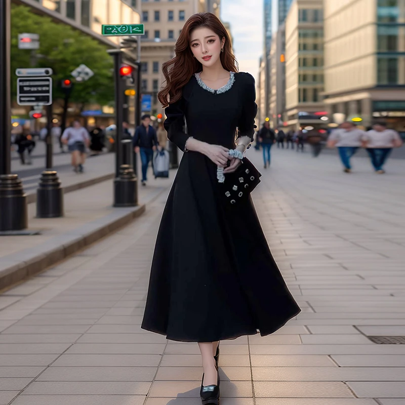 奢姿2025年秋季新款大码女装法式气质裙子胖妹妹珍珠织带连衣裙