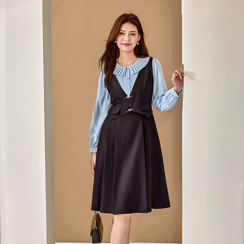 奢姿大码女装2025春季青果领叠穿裙子胖妹妹假两件时尚拼接连衣裙