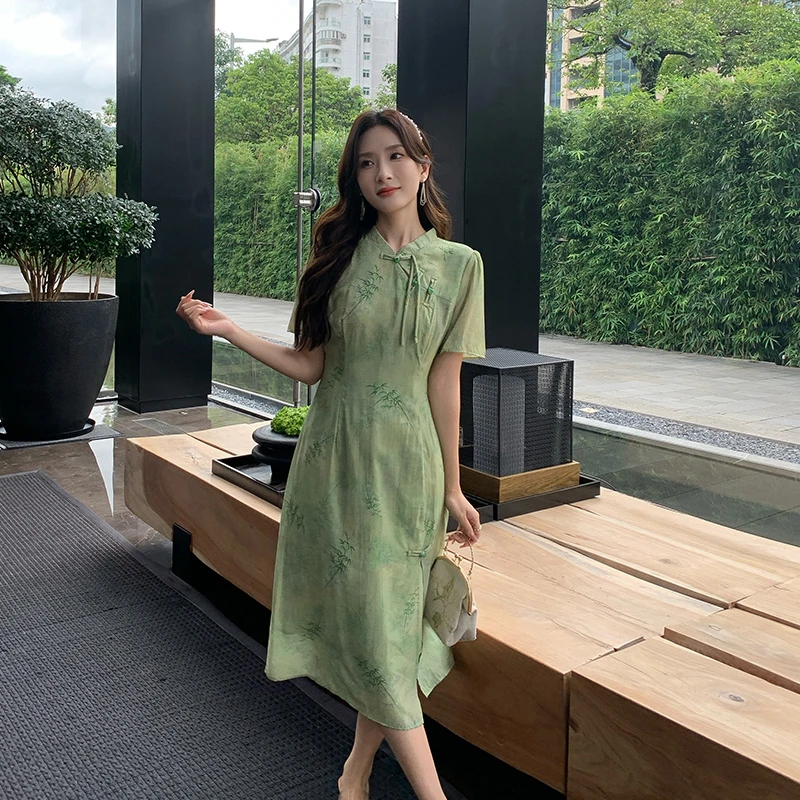 奢姿大码女装2025夏季气质复古印花改良旗袍裙子胖妹妹立领连衣裙