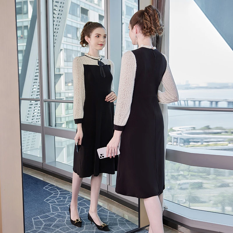 现货奢姿2025春装新款大码女装胖妹妹撞色蕾丝拼接假两件连衣裙