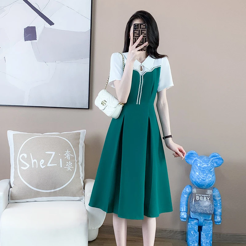 9932825562【适合90-200斤】胖妹妹气质翻领拼接连衣裙