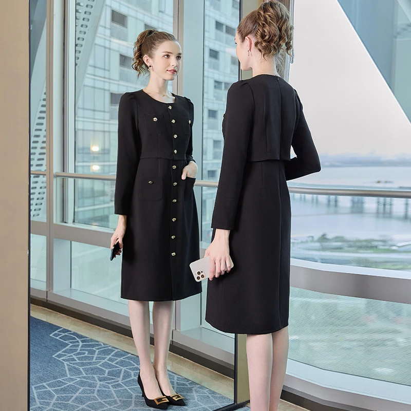 奢姿2025年秋装新款大码女装拼接假两件裙子胖妹妹纽扣时尚连衣裙