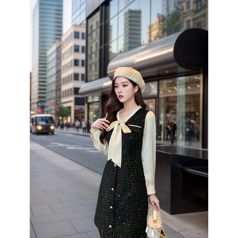 奢姿大码女装2025冬季减龄系带领小香风拼接连衣裙胖妹妹时尚裙子