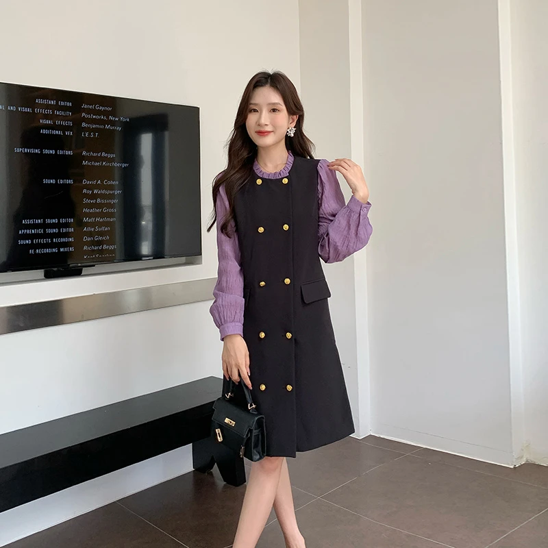 [奢姿轻奢系列]拼接木耳边连衣裙大码女装秋季新款胖妹妹撞色裙子