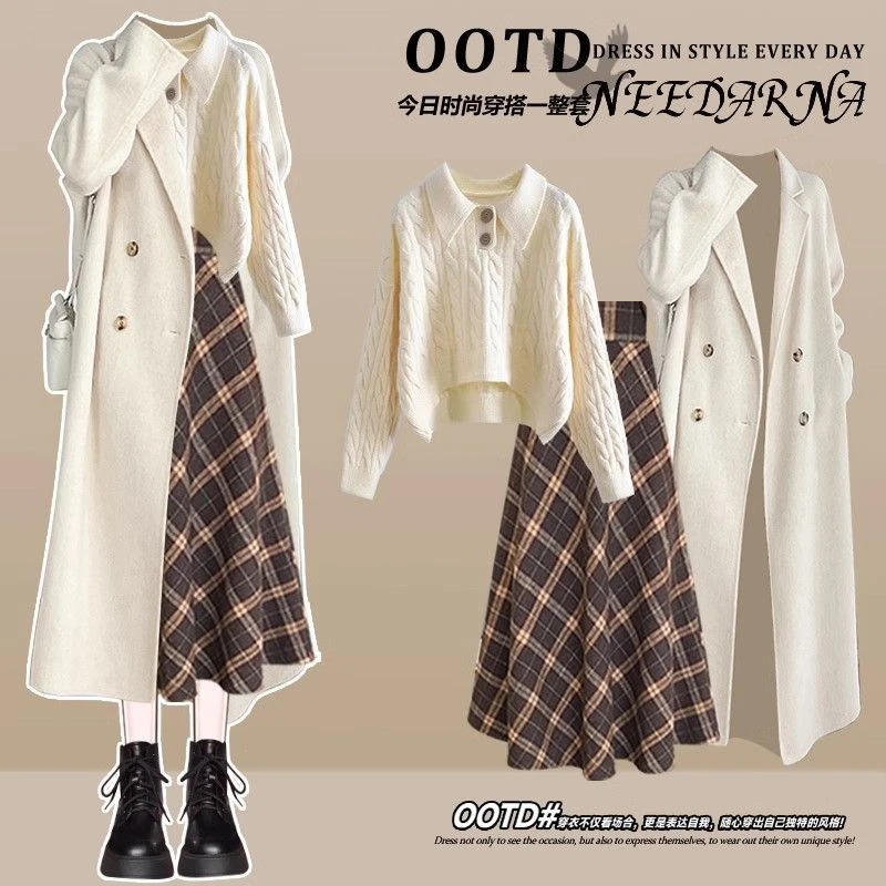 一整套秋冬韩系舒芙蕾轻法风穿搭针织毛衣呢子大衣+半身裙三件套