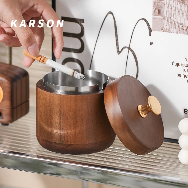 木质烟灰缸个性防飞灰带盖高级感家用中式实木创意实木送礼烟缸