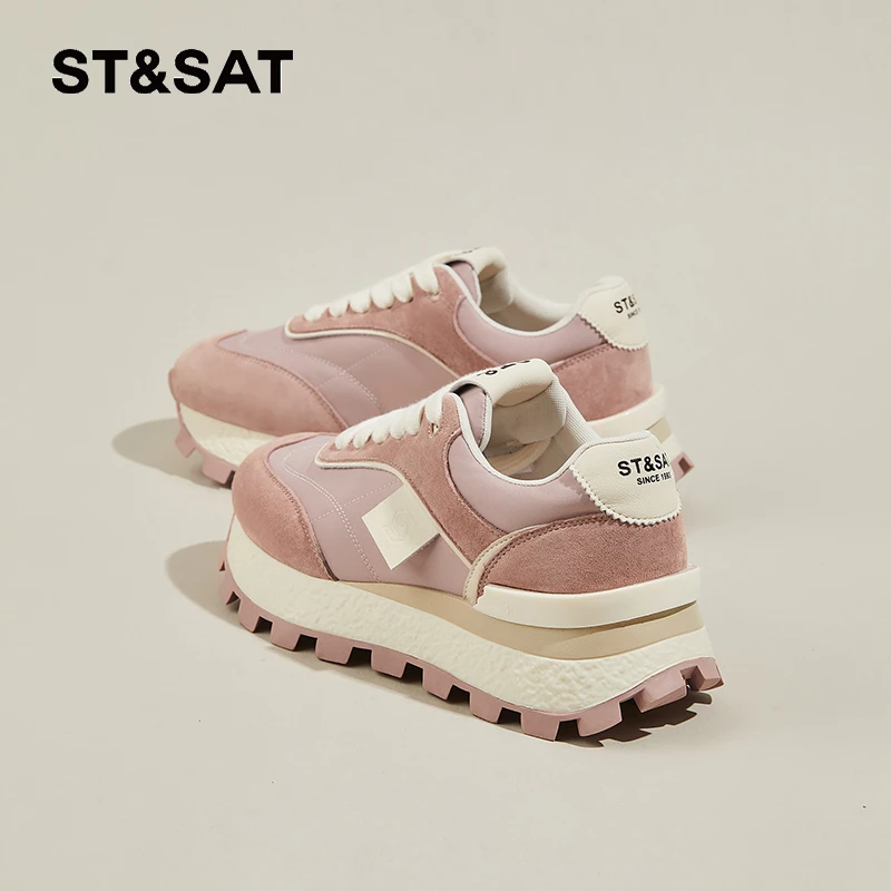 星期六真皮粉色运动阿甘鞋女2025春季新款厚底女鞋百搭拼色老爹鞋