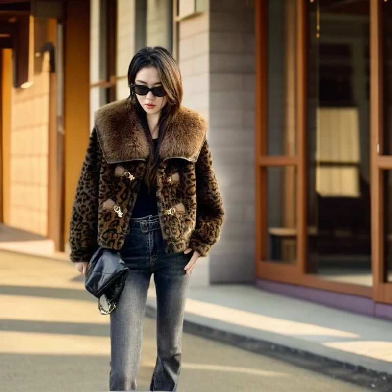 【悠悠专属】大毛领豹纹时尚休闲毛毛外套