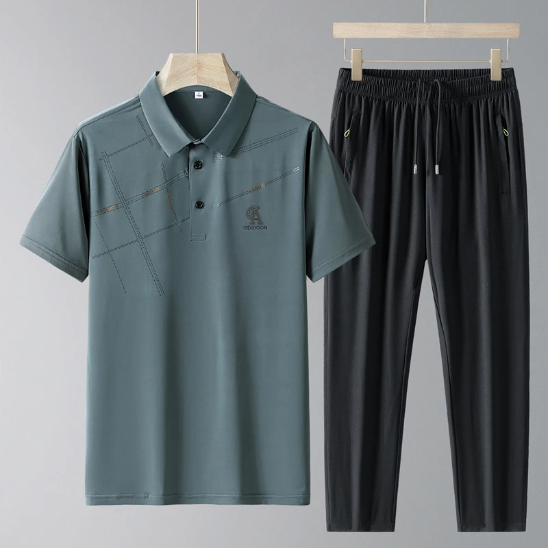 冰丝爸爸夏季中老年套装两件套高级感时尚休闲商务轻奢POLO衫