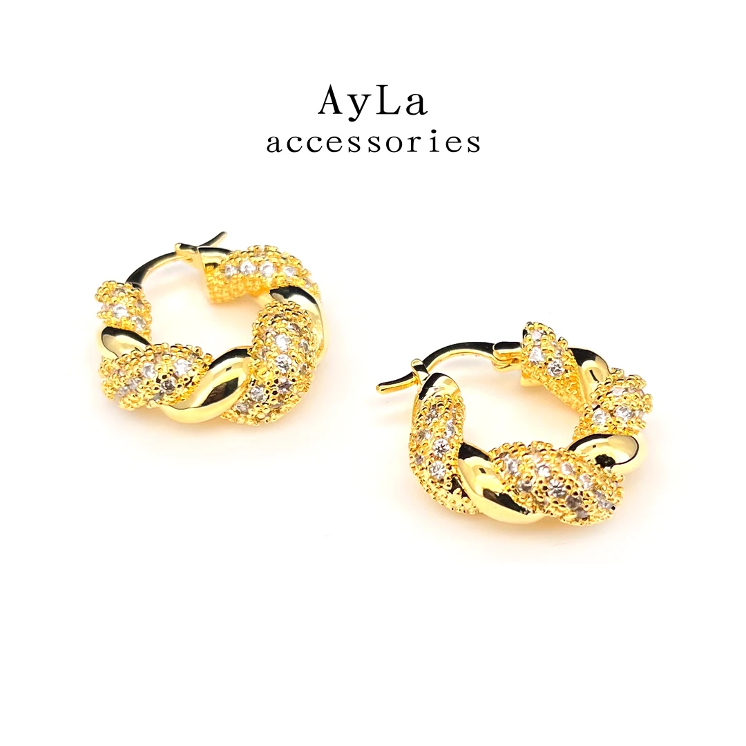 铜合金合成锆石耳饰 【艾拉饰品】麻花闪锆时尚百搭耳钉AL470