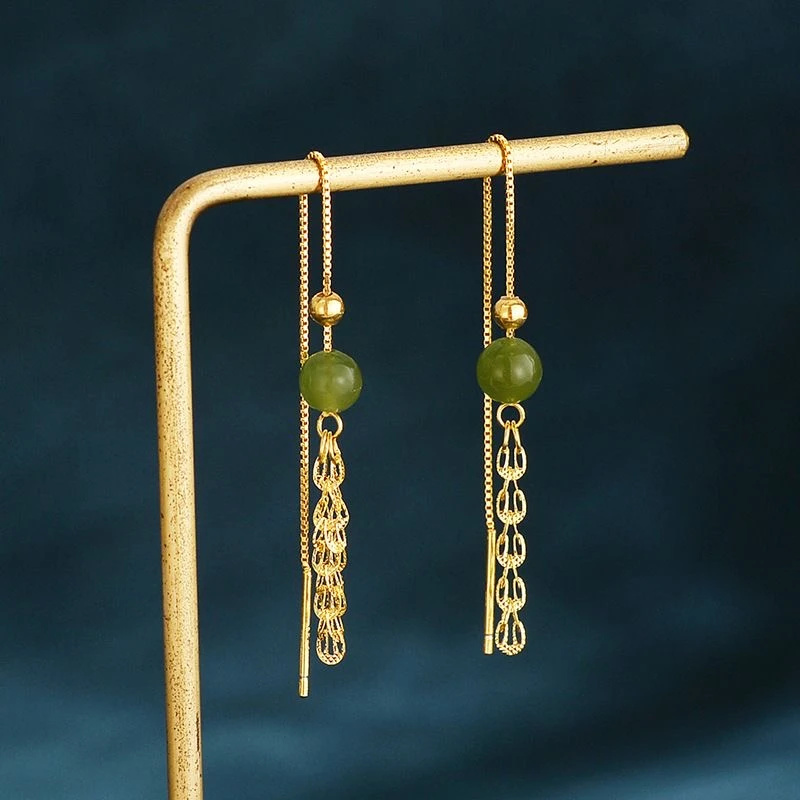 "【张总严选】足金999金珠和田玉流苏凤尾 耳坠"