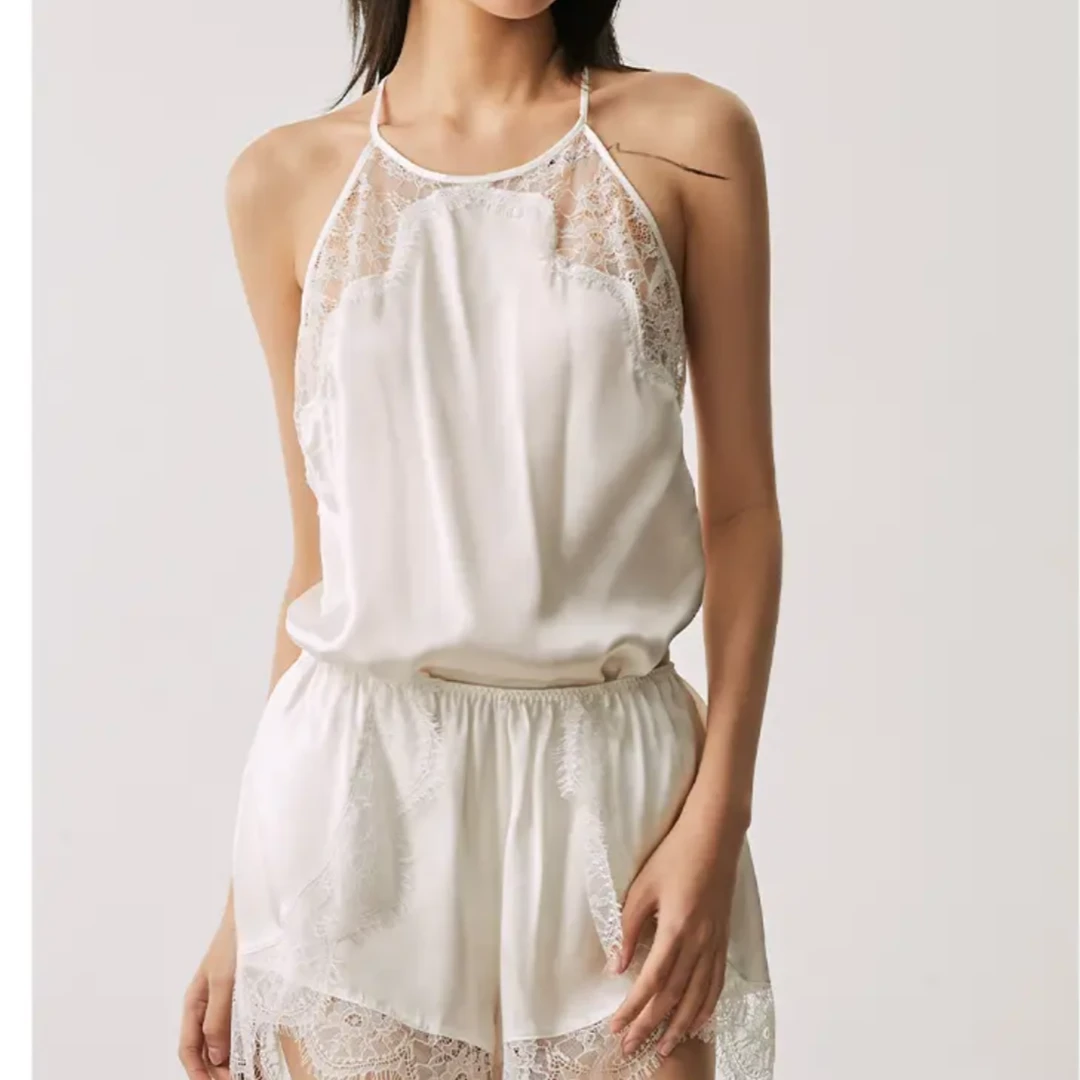 无品牌桑蚕丝吊带套装性感睡衣蕾丝镂空睡衣女套装诱惑宽松女士