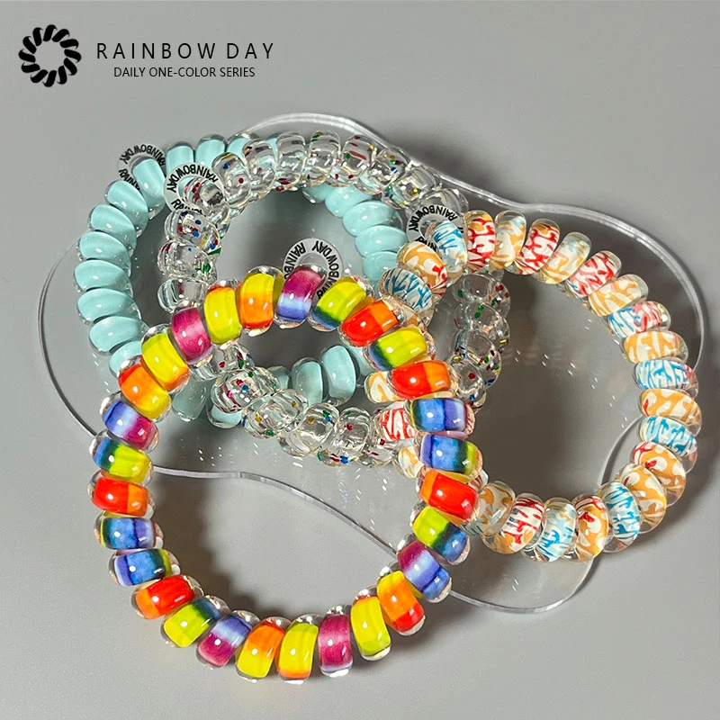 正版高颜值夏日电话线发圈女生TT圈平替高弹力无痕发绳彩虹头饰