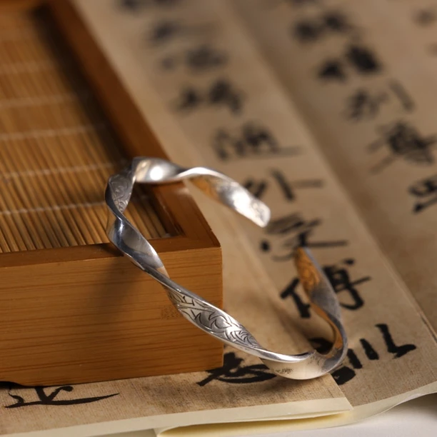 足银手镯 云屿足银999手镯 纯手工荆棘图案，情侣款，缠绕住你