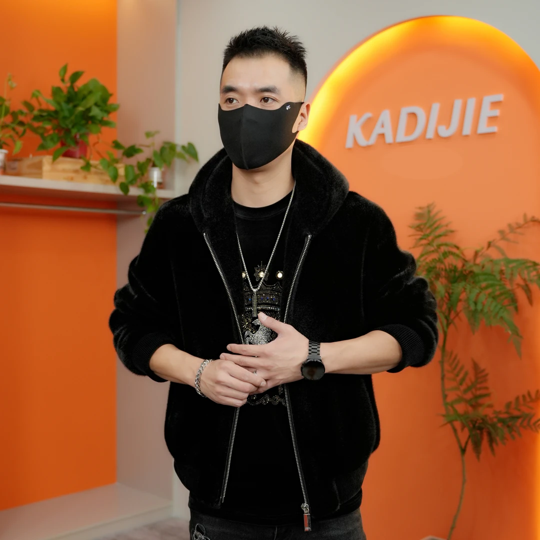 貂绒大衣2023新男秋冬休闲男外套连帽轻奢修身商务黑色男装爸爸装