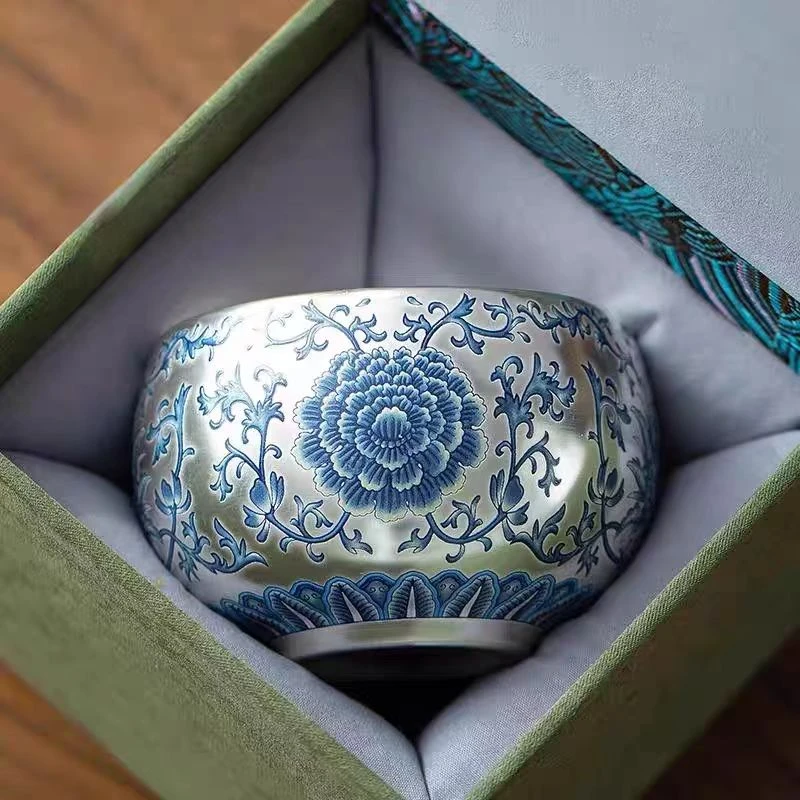 缠枝莲银茶杯品茗杯家用功夫茶具单杯 Y69