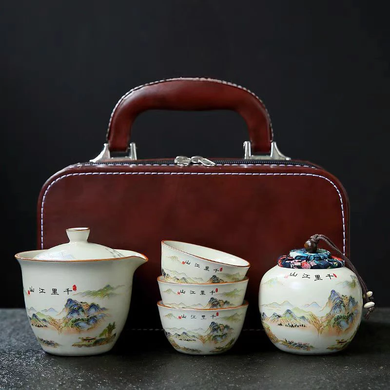 黄汝窑金干里江山3杯茶叶罐旅行套D28
