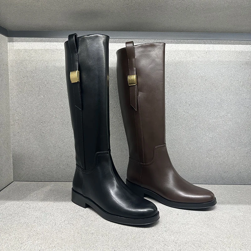 CHELTS&KALTH2025夏季新款女鞋90900143金属扣平底长靴高筒骑士靴
