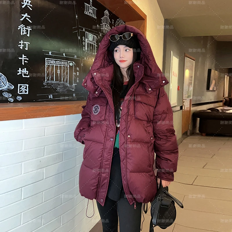 中长款收腰白鸭绒羽绒服女2024冬季新款时尚百搭抽绳连帽保暖外套