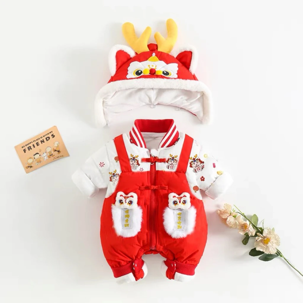 新生婴儿衣服冬季装连体衣宝宝红色喜庆龙年拜年服外出过新年抱服