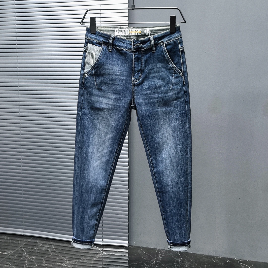 四季新款网红男士牛仔裤修身小脚韩版百搭潮流水洗蓝色潮流牛仔裤