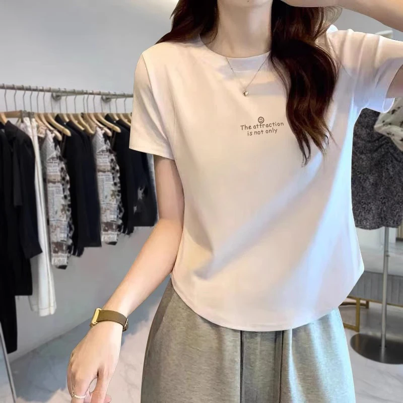 夏季新款正肩圆领短袖t恤女圆弧下摆减龄设计感显瘦短款百搭上衣