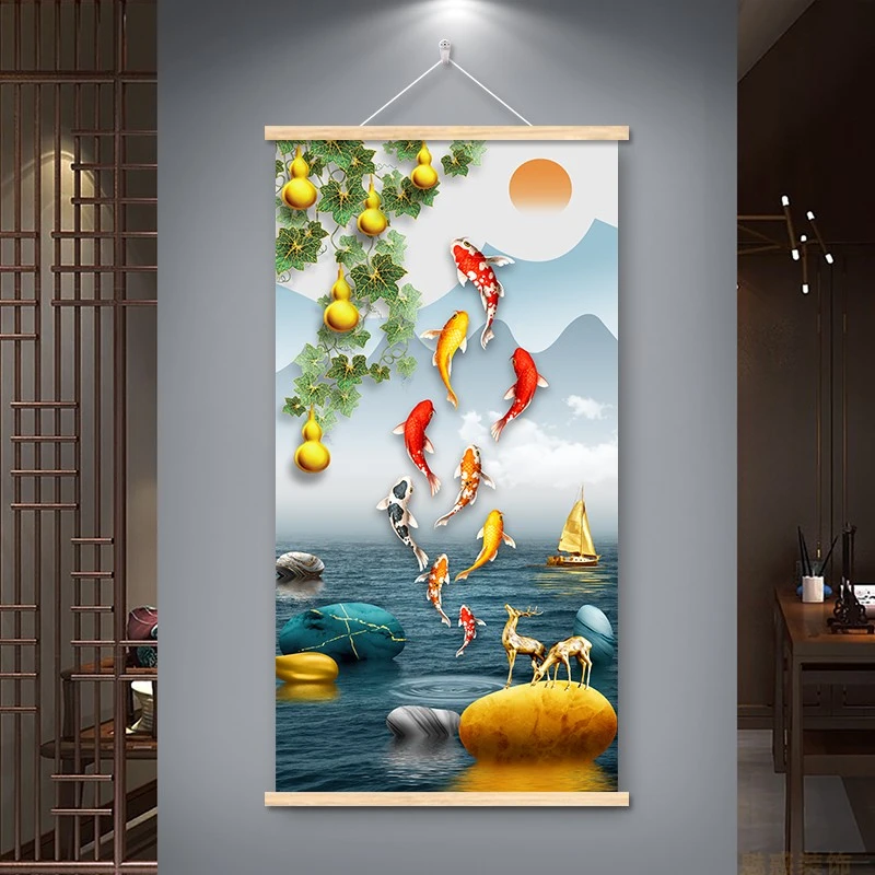 挂画装饰画客厅入户玄关墙画免打孔布艺壁画年年有余装饰遮挡挂毯