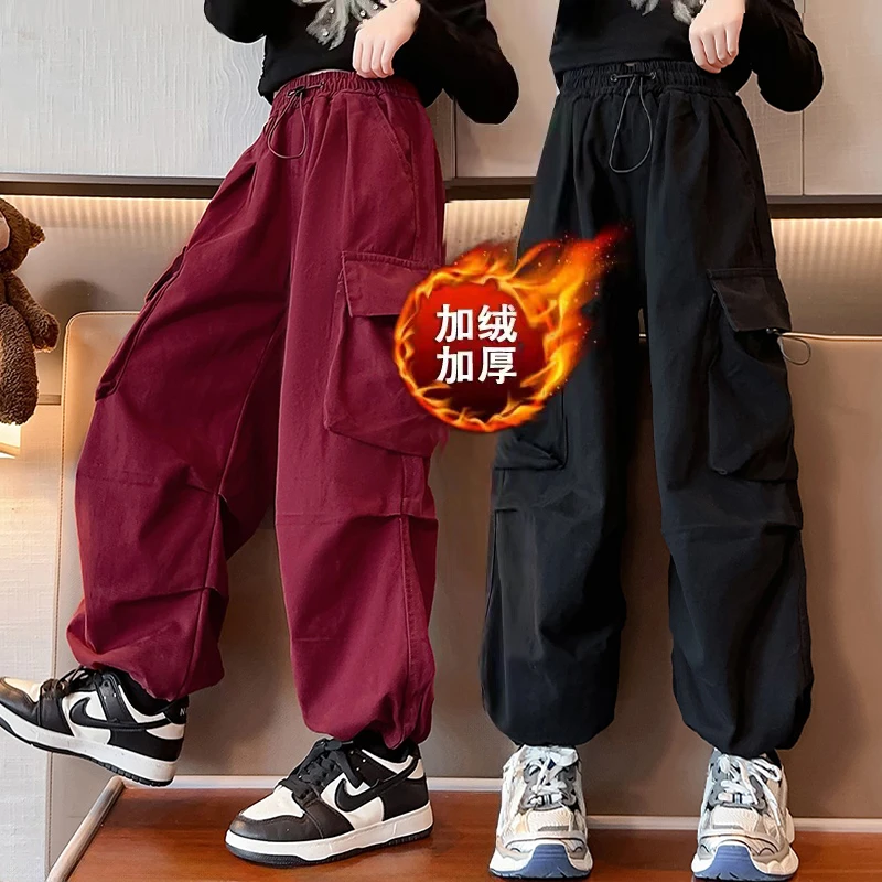 女童工装裤2023新款秋冬季儿童加绒加厚一体绒裤子冬装大童休闲裤