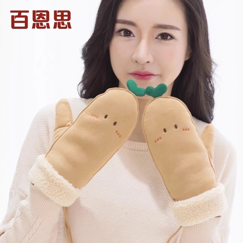 麂皮绒棉手套女冬季学生保暖加绒加厚秋冬可爱韩版挂脖卡通